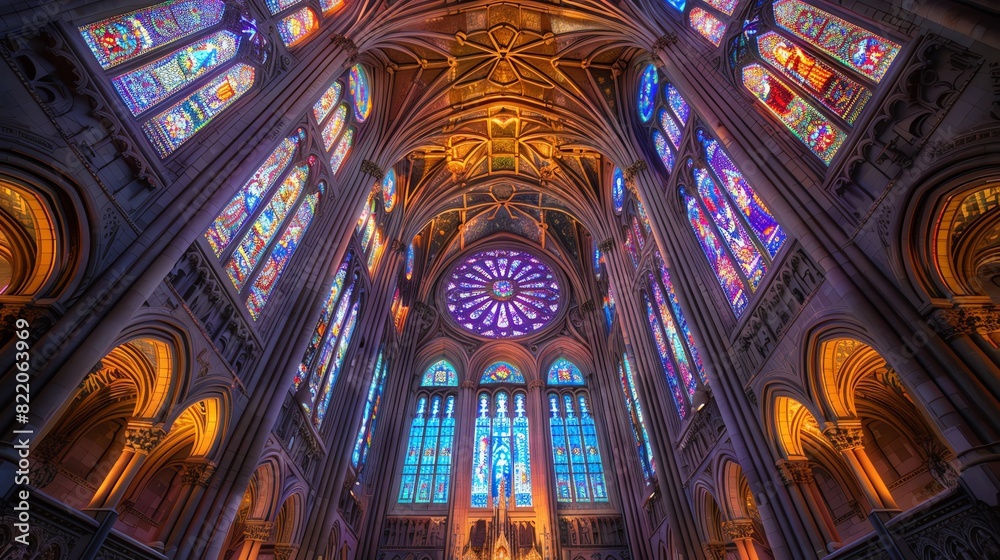 Obraz premium majestic low-angle view of a cathedrals stained glass windows during a religious ceremony, using vibrant watercolors for a heavenly glow and intricate details in the architecture