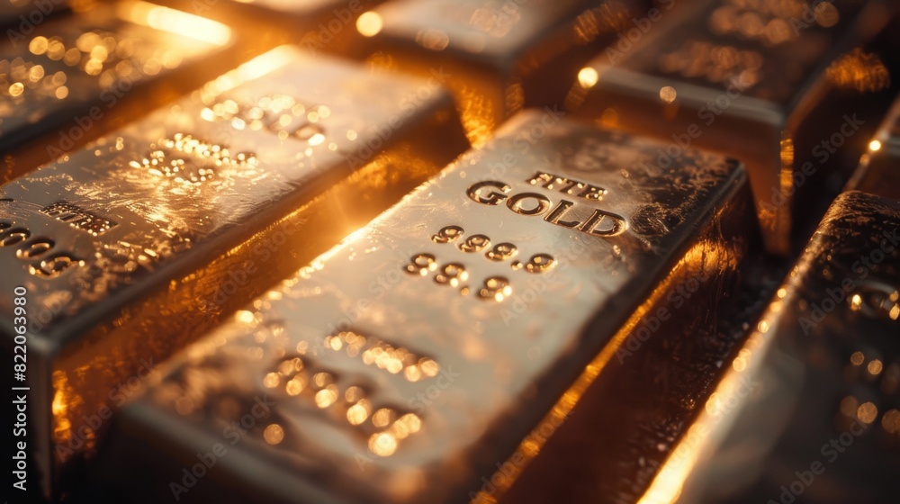 Close-up of gold bars with engraved serial numbers, placed on a polished surface Close-up of gold bars with engraved serial numbers, placed on a polished surface