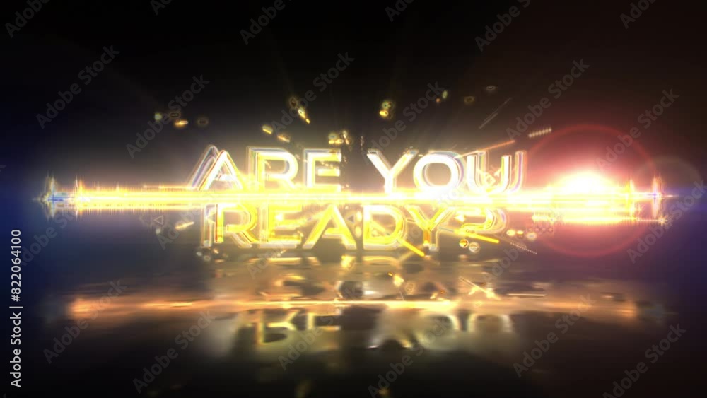 Abstract animation of  Are You Ready gold glitch text effect cinematic title animation with gold particles sci fi hitech effect background  Ending cover for intro, title banner