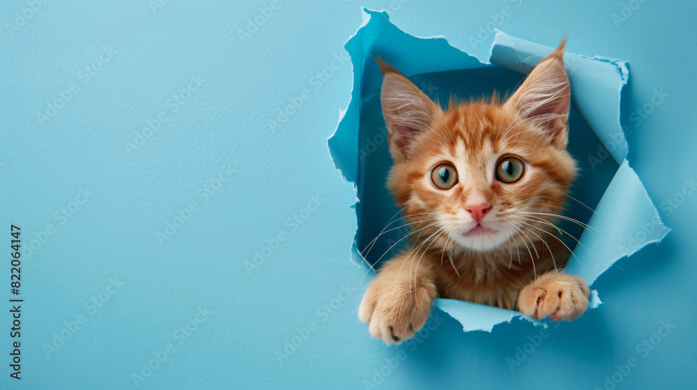 Cute cat looking through hole in light blue paper