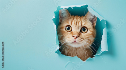 Cute cat looking through hole in light blue paper