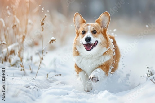 A dog running through the snow field. Suitable for winter themes