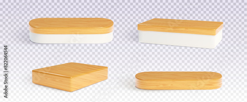 3d wood round podium. Product display pedestal for kitchen floor. Beauty and cosmetic shelf stand. White and brown minimal board surface design with premium nature texture. Rectangular rustic block