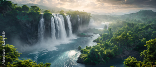 Majestic waterfall landscape with multiple cascading falls  lush green islands  misty atmosphere  and dramatic clouds  creating a serene and breathtaking natural paradise Wallpaper Digital Art Poster 