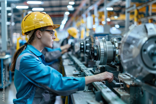 Precision engineer aligning electric motor components in a high-tech assembly line.