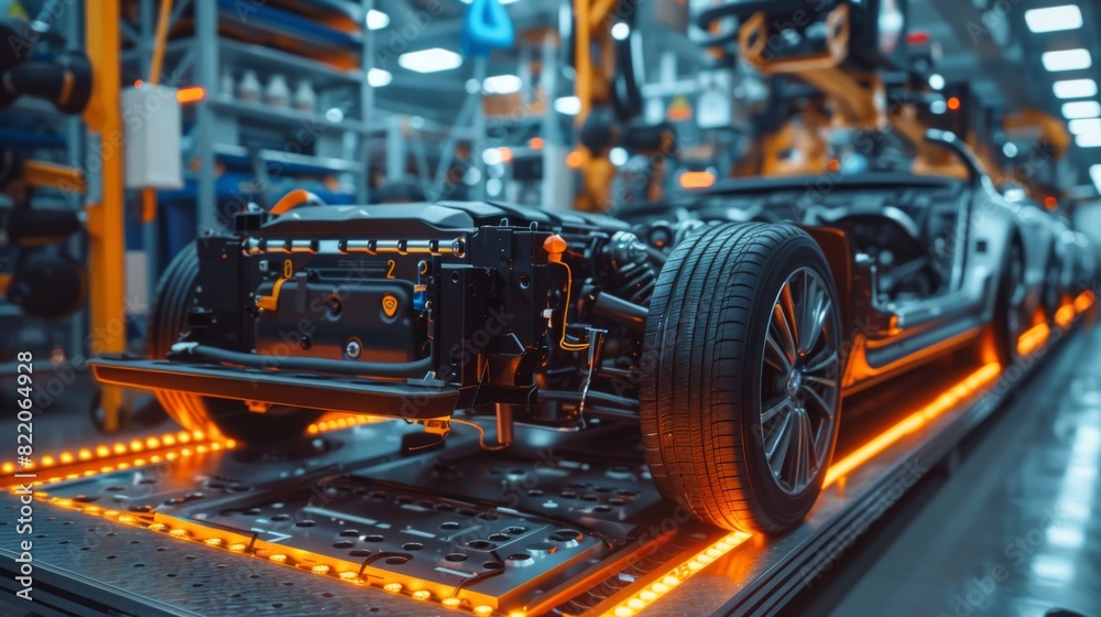 Detailed view of an EV car's battery being tested and serviced