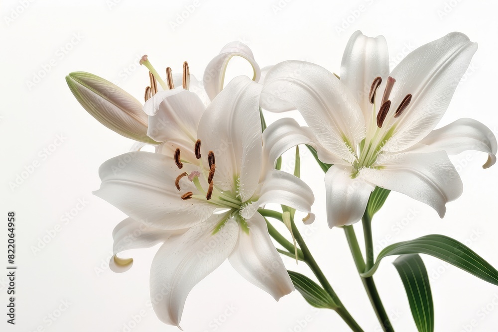 Realistic photograph of a complete Lilies,solid stark white background, focused lighting