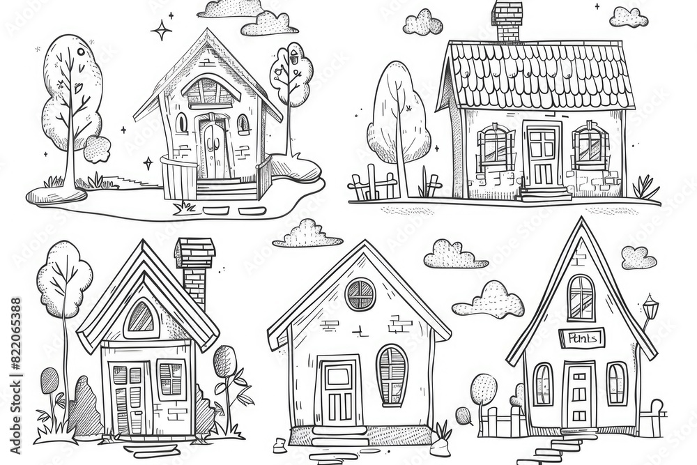 A set of hand drawn houses and trees, perfect for architectural designs and nature themes A set of hand drawn houses and trees, perfect for architectural designs and nature themes