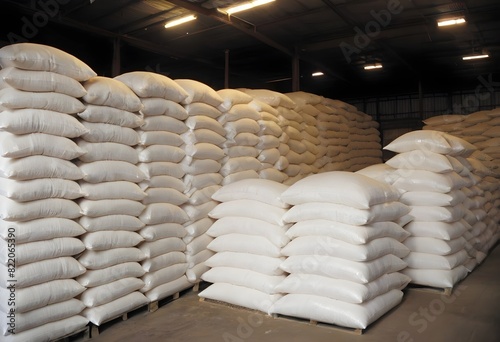 Large quantities of rice stockpiled in a warehouse, with neatly stacked bags reaching the ceiling, highlighting hoarding amid supply concerns. photo