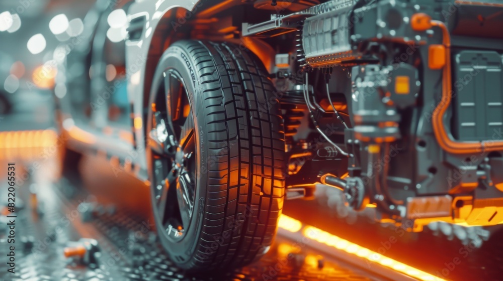 Detailed view of an EV car's cooling system being serviced by a technician
