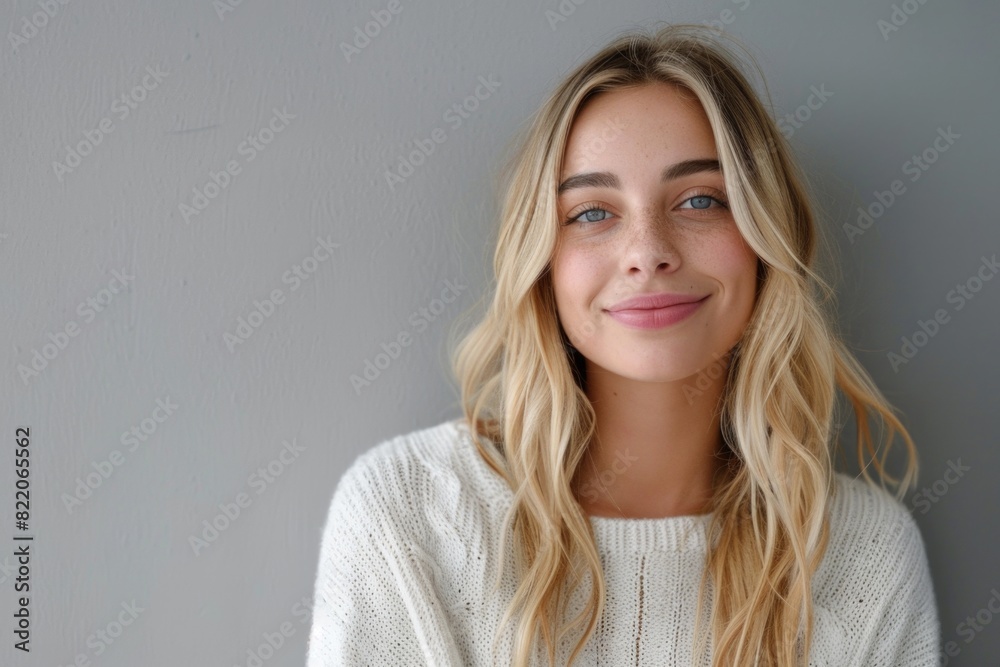 Beautiful model with blonde hair on a gray background. Beautiful model with blonde hair on a gray background.