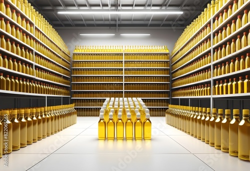 Warehouse brimming with cooking oil bottles, stacked to the ceiling, illustrating extensive stockpiling efforts. photo