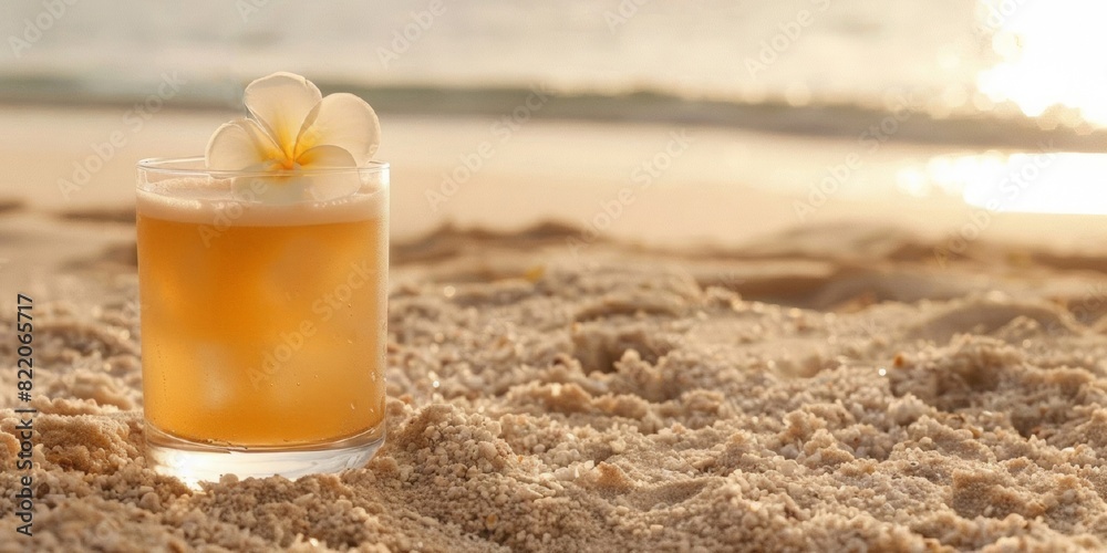 Glass summer refreshing alcoholic fruit cocktail on sandy beach background with tropic flower. Travel, weekend, vacation at beach concept