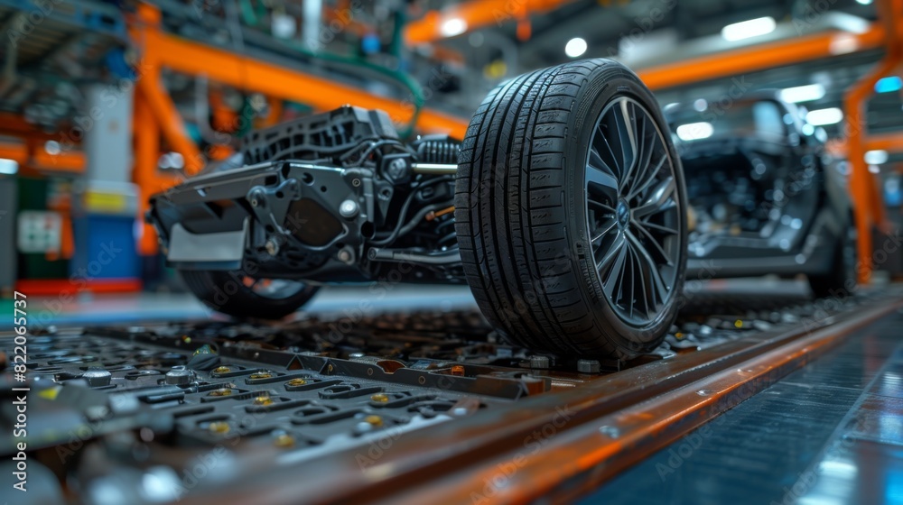 Fototapeta premium Detailed view of an EV car's undercarriage with mechanics working on the drivetrain