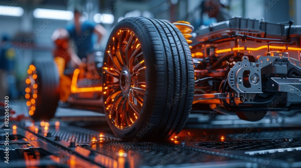 Fototapeta premium Detailed view of an EV car's undercarriage with mechanics working on the drivetrain