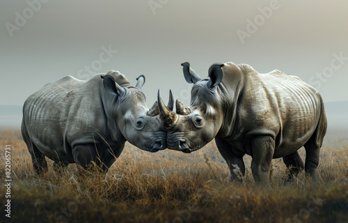 2 rhinos kissing  green grass background