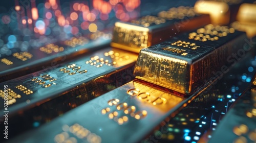 Detailed view of gold bars being cataloged with trading chart overlays photo