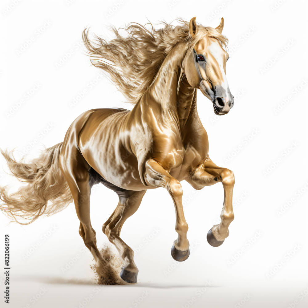 Realistic photograph of golden horse was prancing, solid stark white background. Realistic photograph of golden horse was prancing, solid stark white background.
