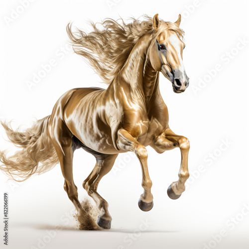 Realistic photograph of golden horse was prancing  solid stark white background.
