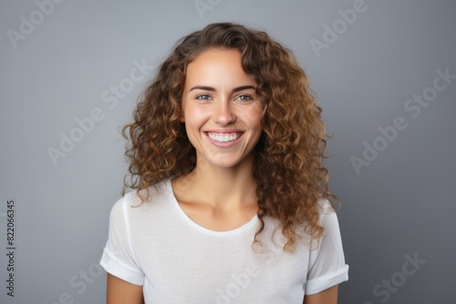 Gray background Happy european white Woman realistic person portrait of young beautiful Smiling Woman Isolated on Background ethnic diversity equality acceptance 