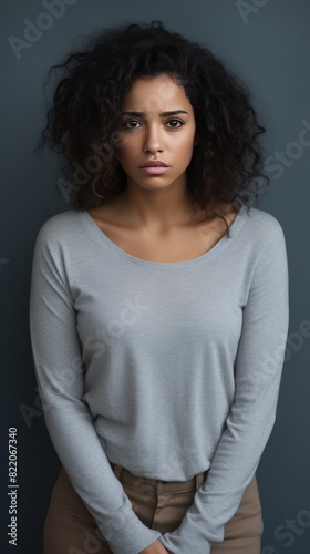 Gray background sad black independant powerful Woman realistic person portrait of young beautiful bad mood expression