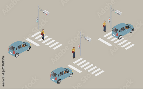アイソメトリックイラスト：車と信号機と横断歩道
