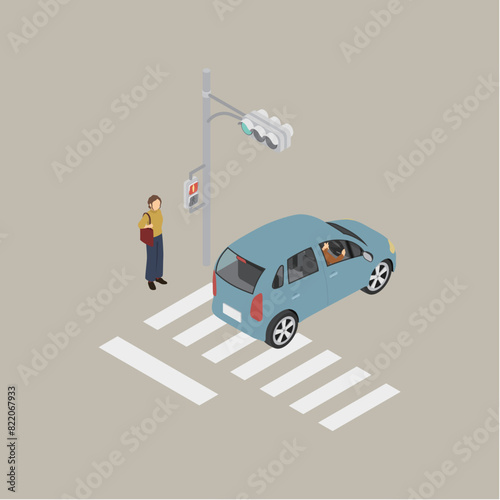 アイソメトリックイラスト：車と信号機と横断歩道3