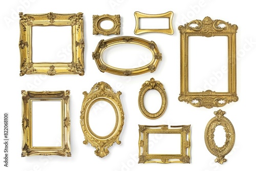 A collection of ornate gold frames on a white background. Perfect for adding a touch of elegance to your designs