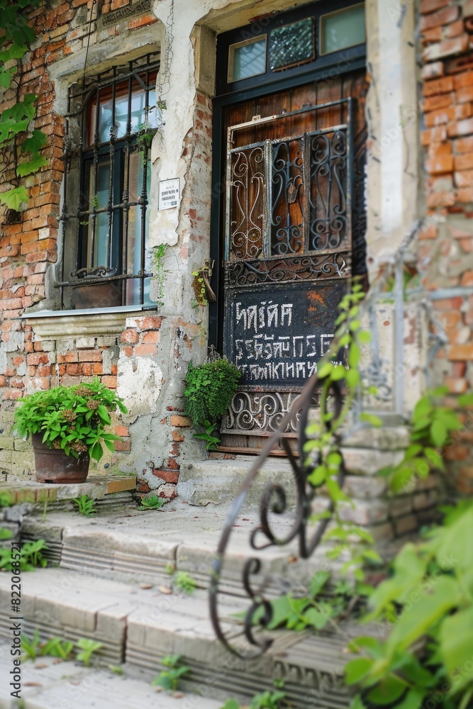 A brick building with a sign on the front door. Suitable for real estate or business concepts