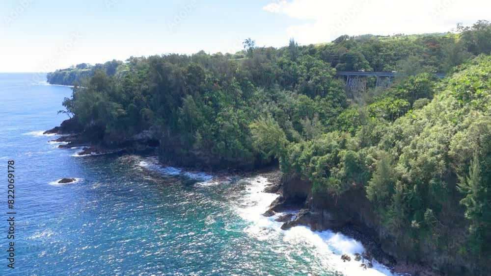 Aerial view of lush tropical coast with turquoise ocean and greenery, Hamakua Coast, Hawaii Island, United States. Aerial view of lush tropical coast with turquoise ocean and greenery, Hamakua Coast, Hawaii Island, United States.