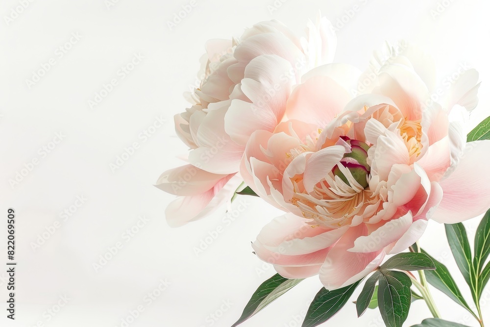 Realistic photograph of a complete Peonies,solid stark white background, focused lighting