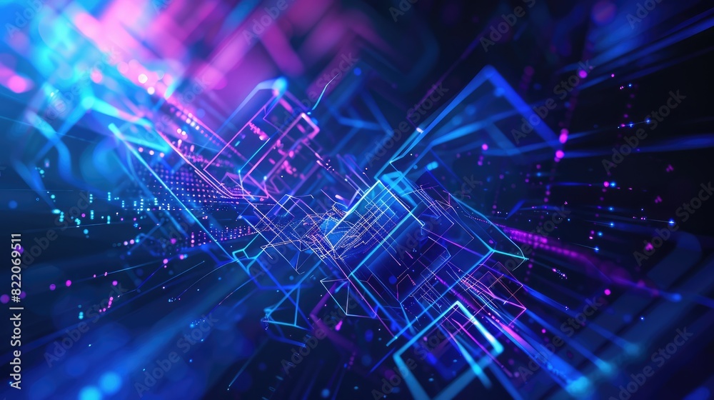Fototapeta premium A dynamic technology-themed background with luminous blue and purple lines forming intricate geometric shapes, creating a sense of depth and digital sophistication