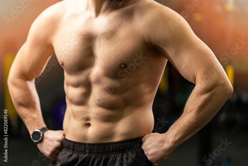Closeup of pumped-up, muscular brutal male body, naked pumped up torso standing in gym © Maria Vitkovska