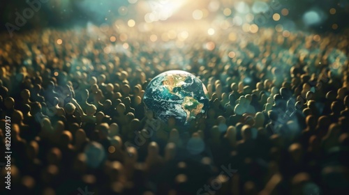 A digital globe surrounded by a swarm of faceless figures each one holding a different digital coin as they contribute to the global crowdfunding movement.