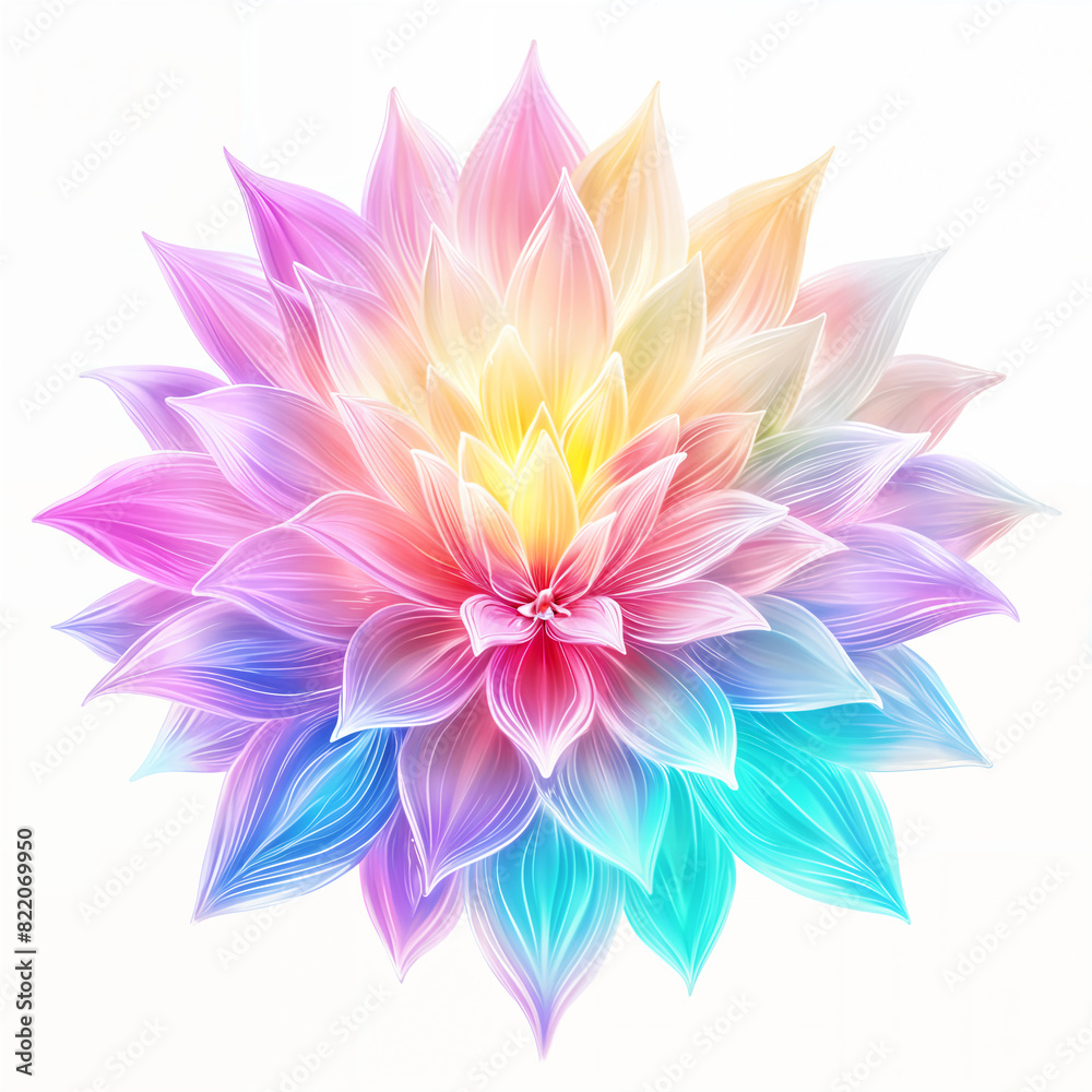 Fototapeta premium A vibrant, symmetrical flower with multiple layers of petals in various shades of pink, purple, blue and yellow.