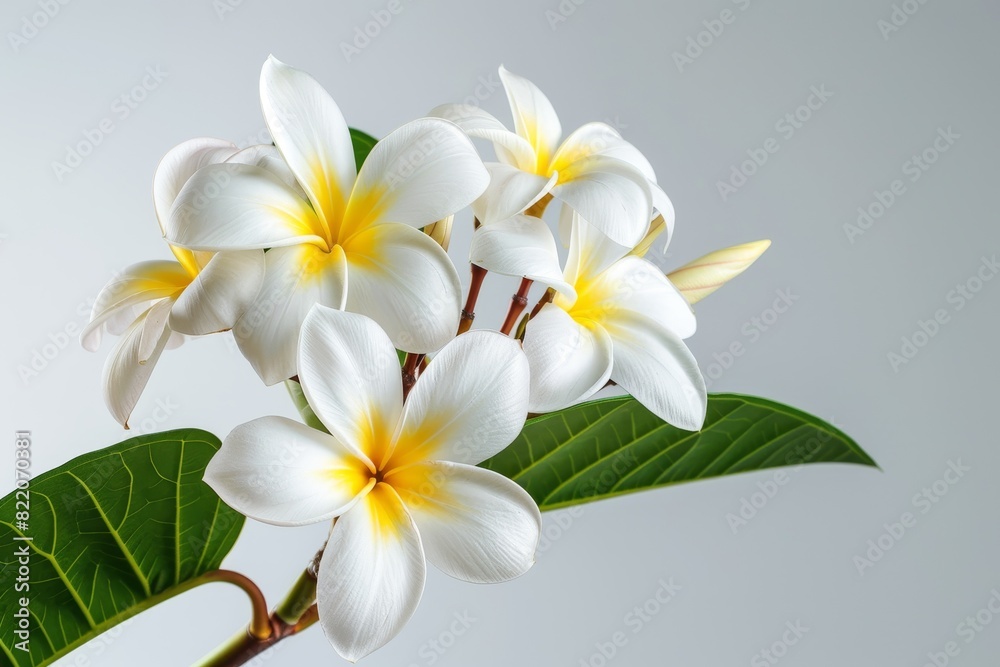 Realistic photograph of a complete Plumerias,solid stark white background, focused lighting Realistic photograph of a complete Plumerias,solid stark white background, focused lighting