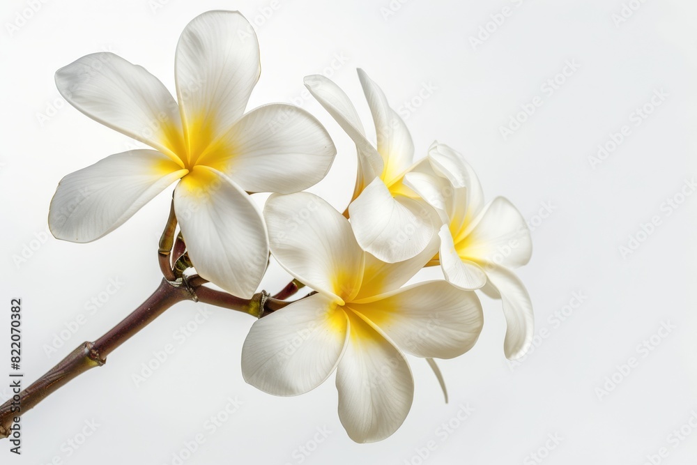 Realistic photograph of a complete Plumerias,solid stark white background, focused lighting
