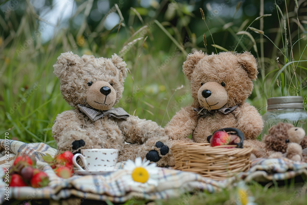 Cute teddy bear sitting on a blanket with a picnic basket illustration. Sweet teddy bear in summer landscape. July 10 every year Teddy Bears Picnic Day Cute teddy bear sitting on a blanket with a picnic basket illustration. Sweet teddy bear in summer landscape. July 10 every year Teddy Bears Picnic Day
