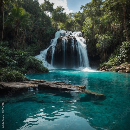  Honoring the journeys of refugees seeking safety.   Background  Turquoise waterfall cascading into a serene pool. 