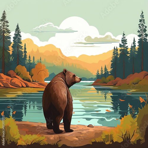 brown bear standing on the edge of the lake with a view of trees and mountains