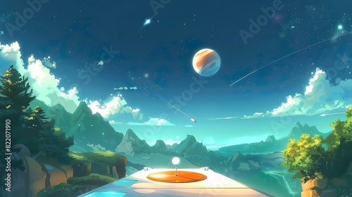 Golf on a spaceship deck, planets and stars pass by, unique interstellar course design photo