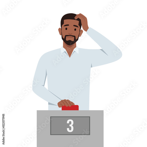 Young Man Thinking and Holding Button on Question and Answer Game. Flat vector illustration isolated on white background