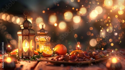 Captivating Ramadan atmosphere with Arabic lanterns, delectable food, and bokeh lights. © dekreatif