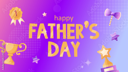 Happy Father's Day set of elements for congratulating dady. Greeting card, poster or banner with medal, cup, bow tie