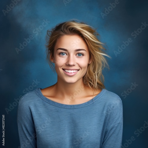 Indigo background Happy european white Woman realistic person portrait of young beautiful Smiling Woman Isolated on Background ethnic diversity equality acceptance concept with copyspace  © Zickert
