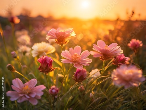 Pink daisy flowers in full bloom brighten a sunny spring garden
