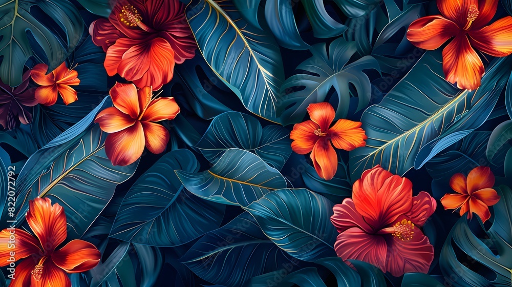Seamless Patterns Floral Tropics: Lush, vibrant flowers and leaves intertwined in a dense, repeating tropical motif. Seamless Patterns Floral Tropics: Lush, vibrant flowers and leaves intertwined in a dense, repeating tropical motif.