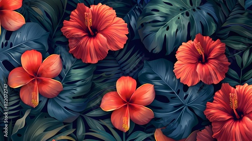 Wallpaper Mural Seamless Patterns Floral Tropics: Lush, vibrant flowers and leaves intertwined in a dense, repeating tropical motif. Torontodigital.ca