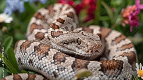Baroque Patterned Rattlesnake A Majestic Reptile Adorned with Intricate Flower Patterns in its Natural Habitat Generative ai