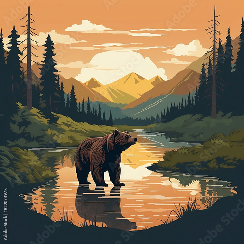vector graphic of a bear standing on a river with a mountain background
